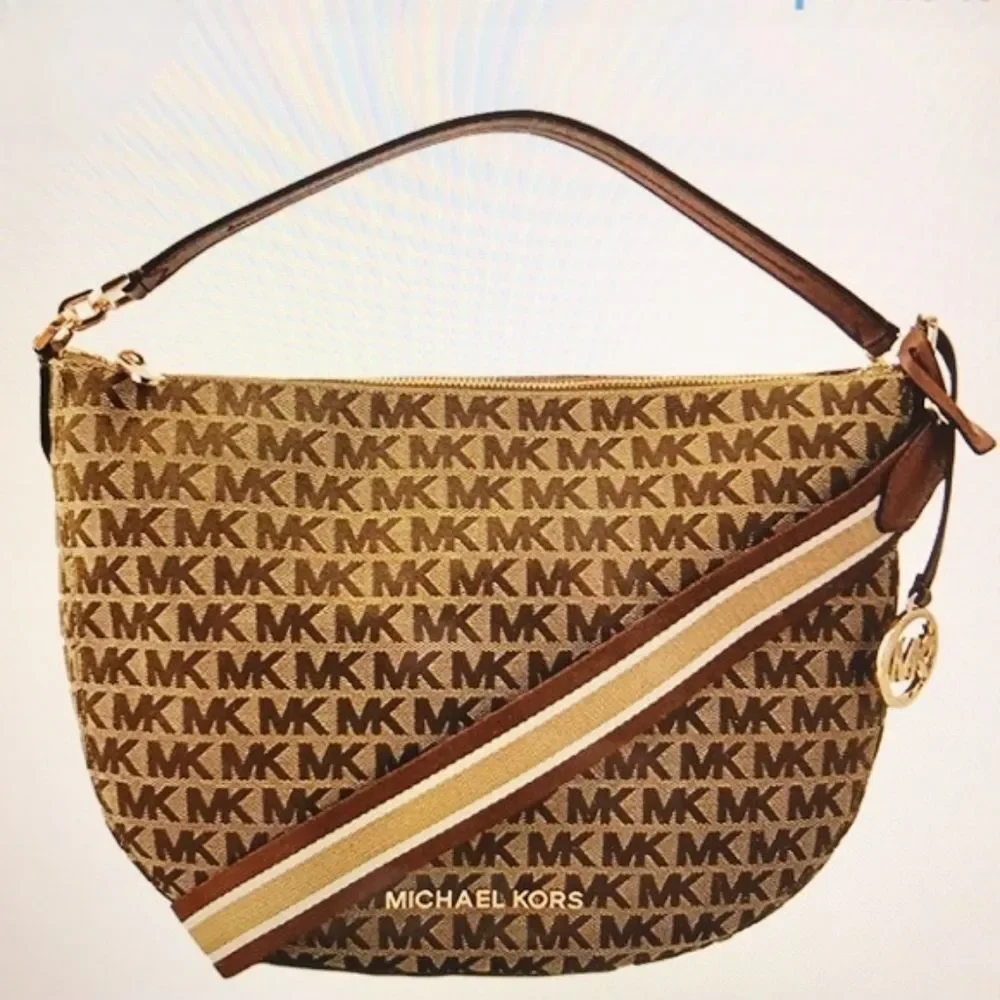 NEW Michael Kors MK Designer Bedford Hobo Bag Tan jacquard Purse Bag Crossbody